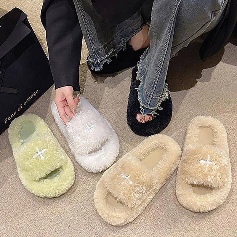 Vrouwen Bont Slippers Nieuw In Warm Pluizig Casual Outdoor Pluche Schoenen Mode Platte Bodem Pluche Slippers Dames Schoenen Slippers Plat