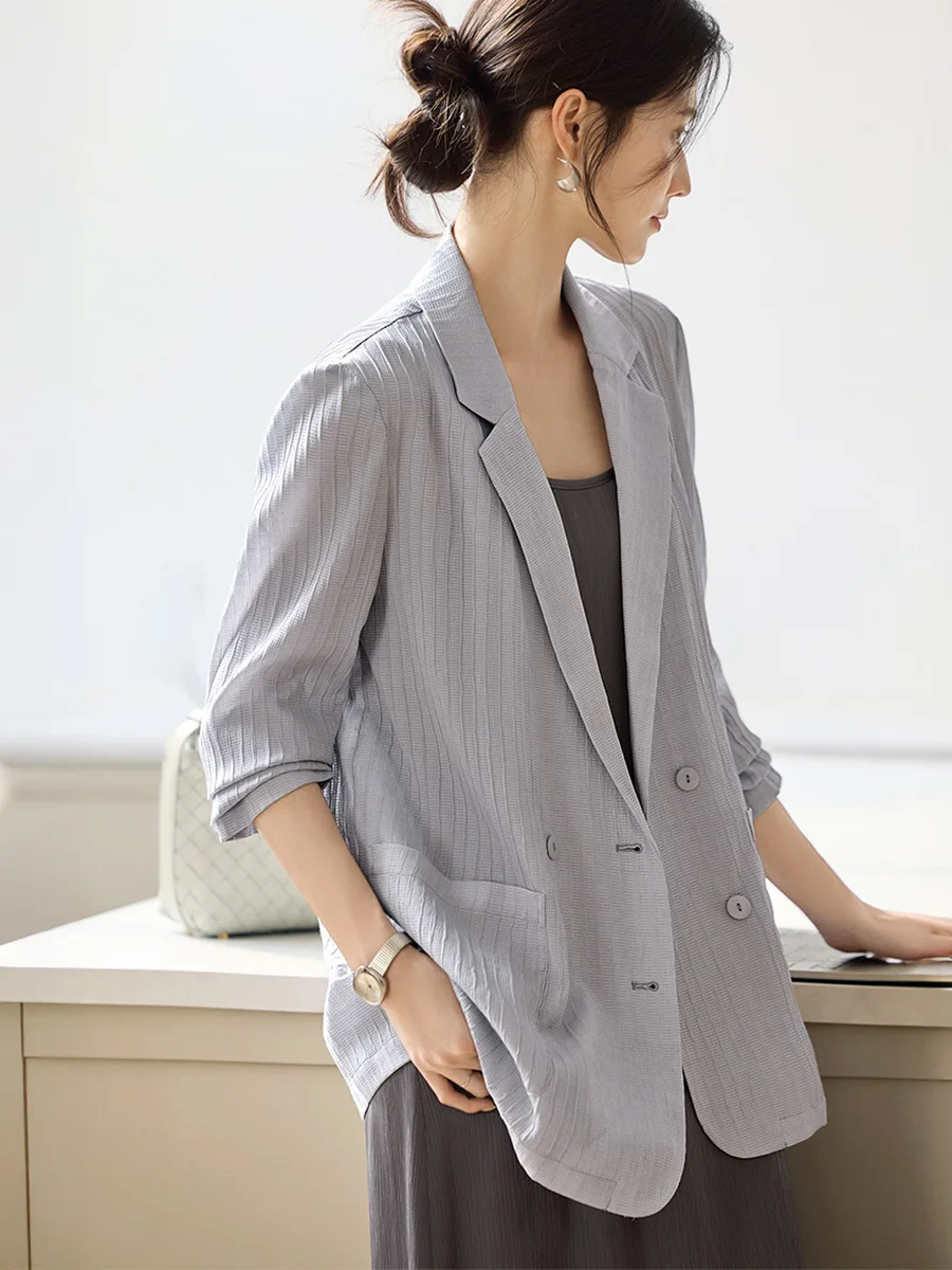 

Ele Smooth Texture Women's Jaet Thin Breathable Double Buttoned Summer Suit XWI X6CX2B00299 Commute Sle Polyes...