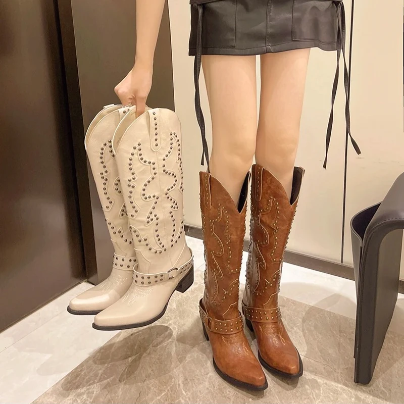 

High Quality Trend Belt Buckle Rivet Women Western Cowboy Boots Fashion Platform Shoes Embroidery Knight Boots Botas Para Mujer