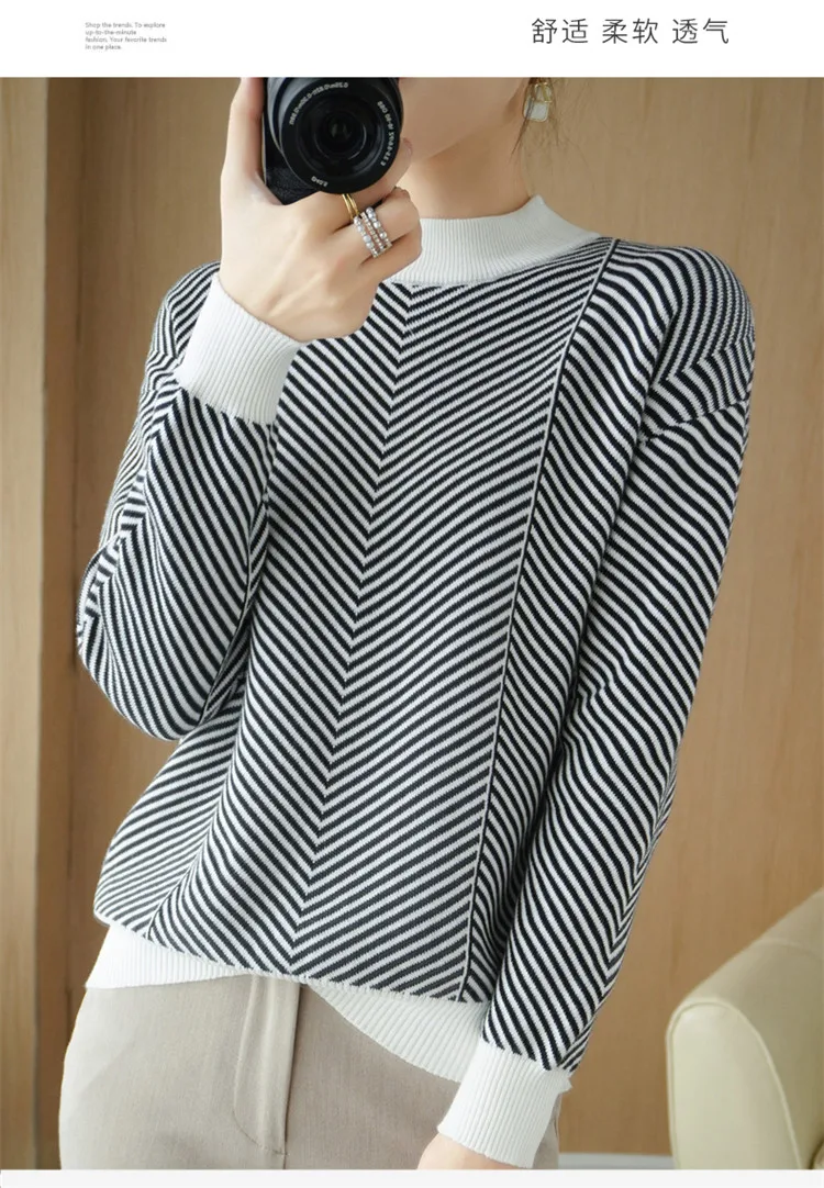 Women's autumn and winter 100% pure cotton knitted semi high neck pullover casual striped warm sweater fashionable hot selling