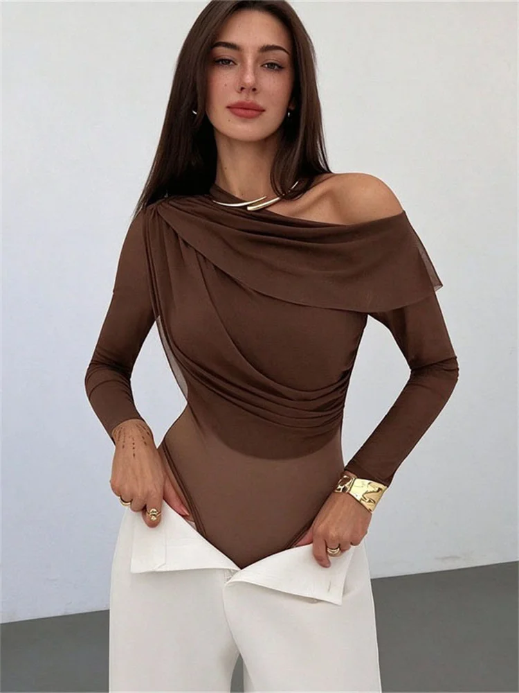 Shestyle Slope Neck Mesh Transparent Women Bodysuits One Shoulder Ruffles Brown Sheer Stretchy Overlap Skin Care Thong Tops