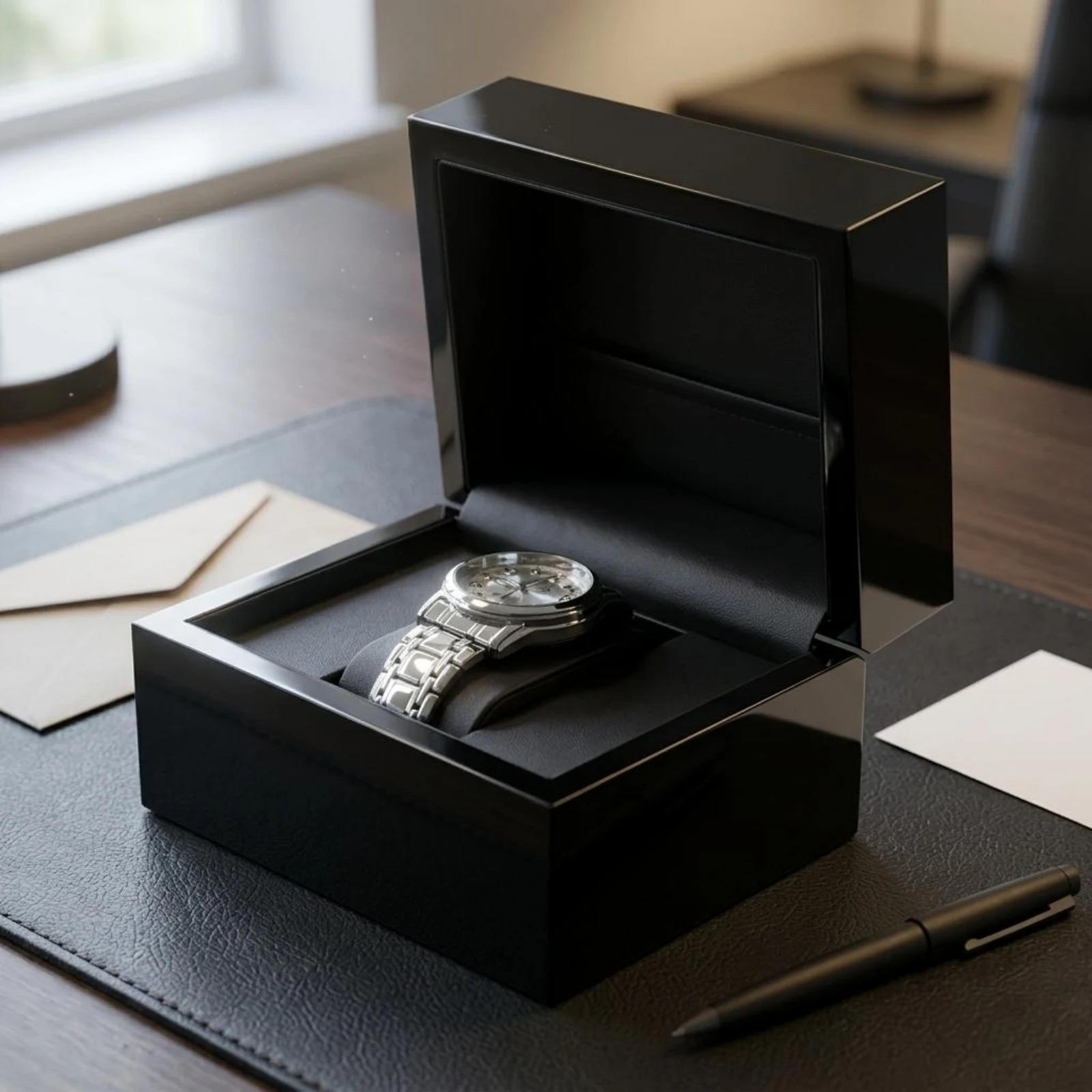 Black Wooden Watch Box Glossy Finish Wooden Watch Organizer Storage Fitted Cushion Rectangular