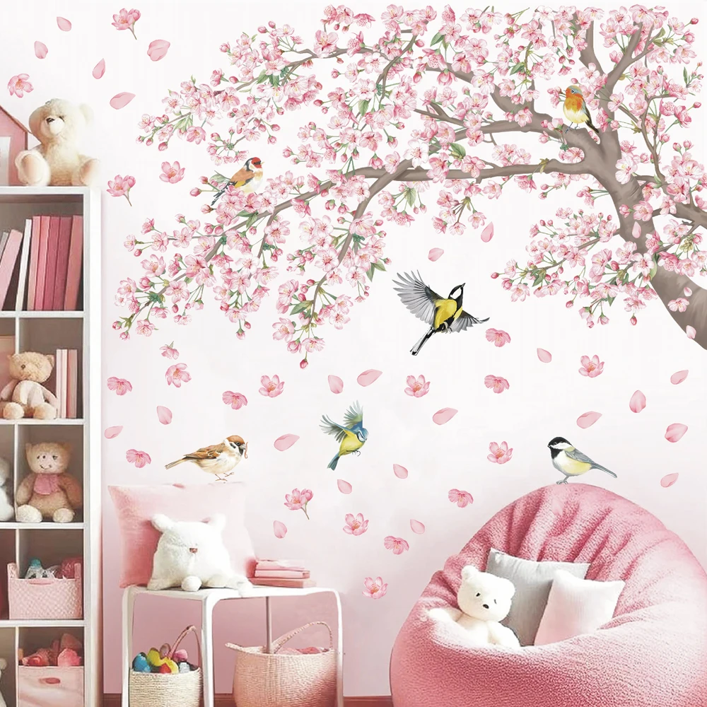 Cherry Blossom Flying Birds Wall Stickers Watercolor Pink Sakura Tree Branch Wall Decals for Bedroom Living Room Decor