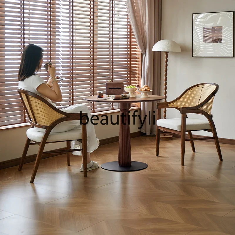 

01A North American Black Walnut Wood Rattan Woven Leisure Chair Living Room Home Solid Wood Chair Backrest Single Sofa Chair