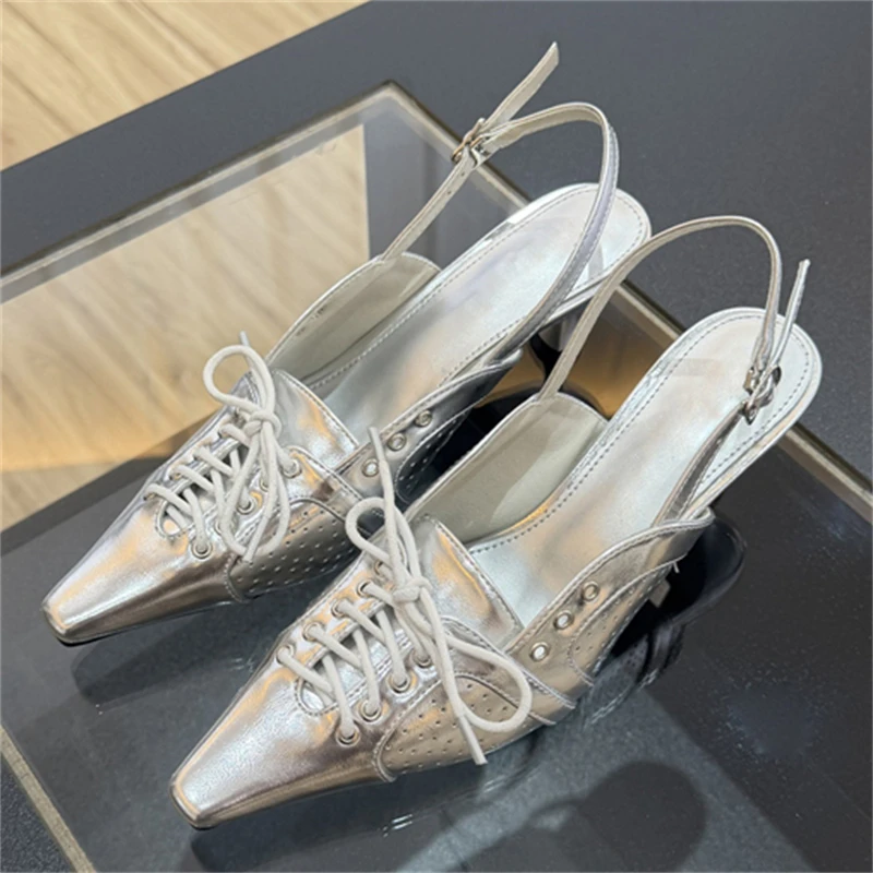 

Women's Pointed Toe Metallic Lace‑Up Slingback Stiletto Heel Pumps, Retro Preppy Y2K Casual Evening Party Footwear,Drop Shipping