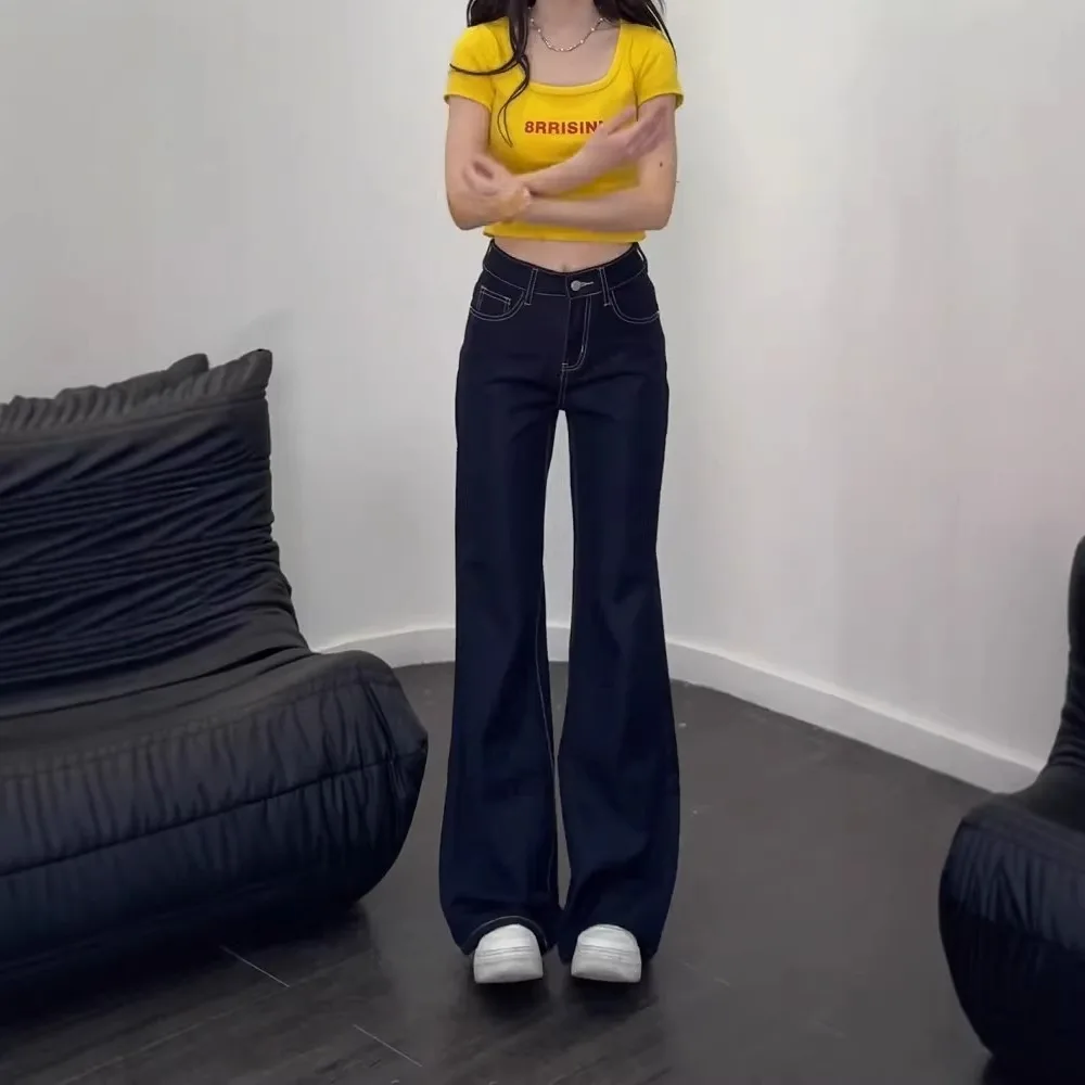Dark Blue Denim Narrow Jeans Women's Large Size Fat Mm High Waist Thin Loose Belly Drape Straight Pants