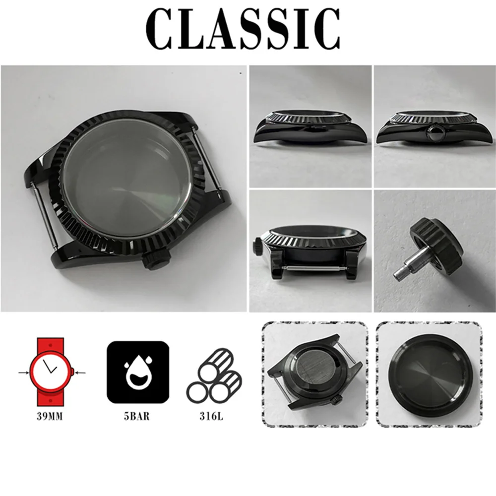 

39MM Oyster Perpetual Black Stainless Steel Case Fluted Bezel Sapphire Magnifying Glass For NH35/ NH36 Movement