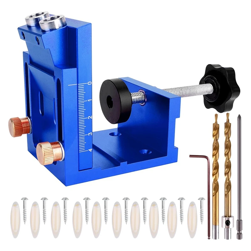 WCS-Pocket Hole Jig Kit For DIY Woodworking,Adjustable Woodworking Tool For 15° Angle Pocket Hole Drilling Guide Clamp Set