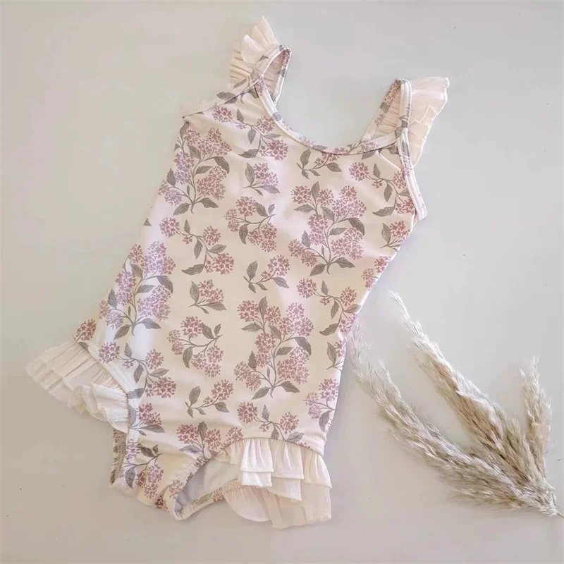 New Girls' Swimwear Summer Printed One-Piece Swimsuit Children's Sweet Casual Bikini Kids Sleeveless Sunny Beachwear Baby Clothe