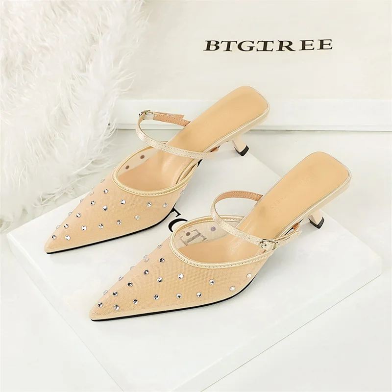 Crystal Mesh Fabric Pointed Toe Slippers Women Sexy Elegant Buckle Strap Party Thin Low Heels Shoes High heels 5CM 6