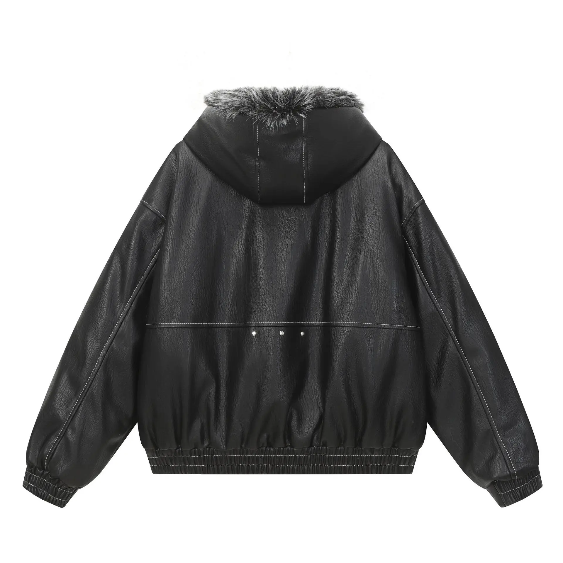 2025 Winter PU Leather Jacket Parka Fur Collar Warm Thickened Bomber Coat Hip Hop Streetwear Y2k Jackets