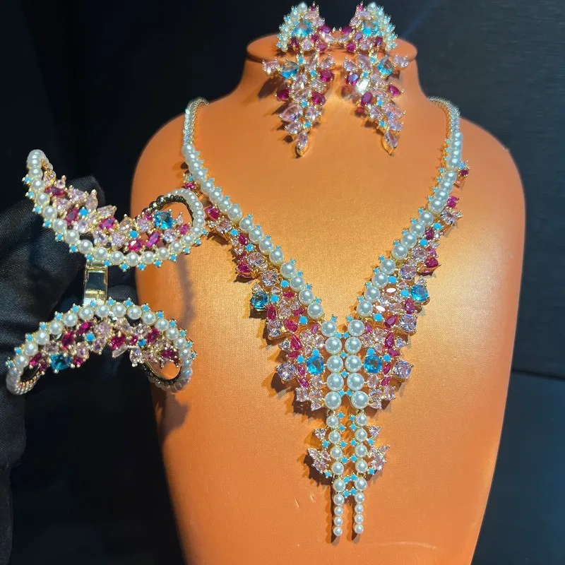 

Luxury Crystal Pearl Jewelry Set Colorful Rhinestone Necklace Earrings Bracelet Elegant Statement Accessories for Women Party