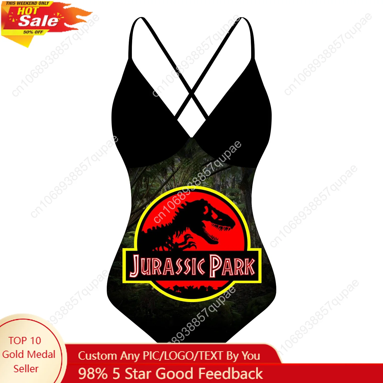 

Jurassic Park Dinosaur Custom V-neck Halter Back Swimsuit Womens Bathing Suits Bikini Pool Party Beach Sexy Swimwear Beachwear