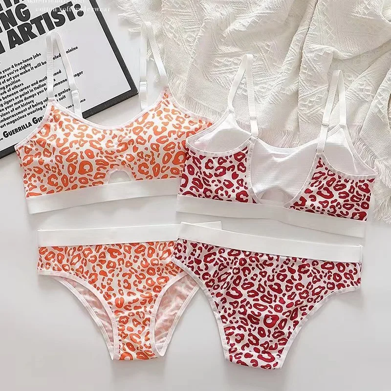 Women Seamless Bra Set Low Waist Panties Leopard Bralette Sexy Lingerie Set Vneck Sport Brassiere Female Cotton Underwear Set