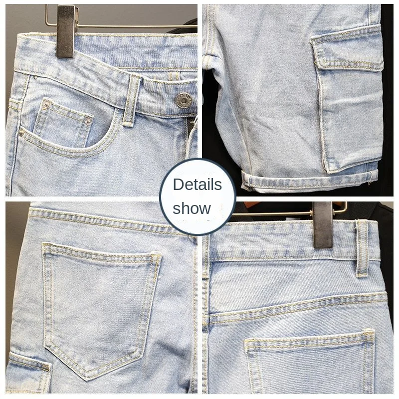 Fashion Classic Luxury Cowboy Men\'s Solid Knee Length Jeans Shorts Multiple Pockets Casual Summer Boyfriend Denim Shorts Jeans