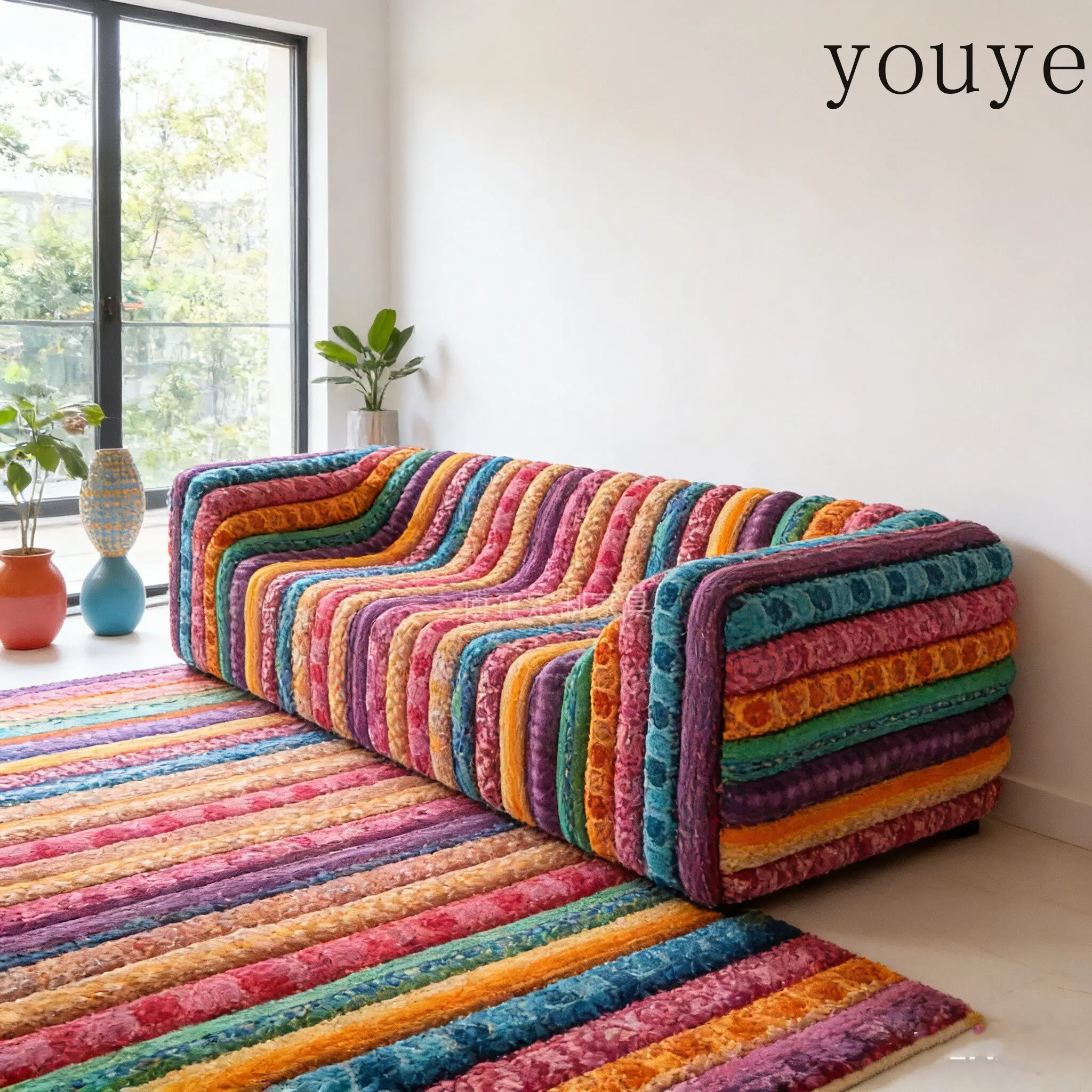 rainbow stripe modular sofa, retro bohemian style, customizable living room irregular-shaped combination sofa