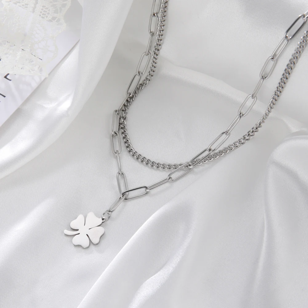 Kkjoy Edelstahl Pflanze Vierblättriges Kleeblatt Anhänger Halskette Mode Elegante Feminine Kurze Schlüsselbein Kette Halskette Schmuck – Detail 29