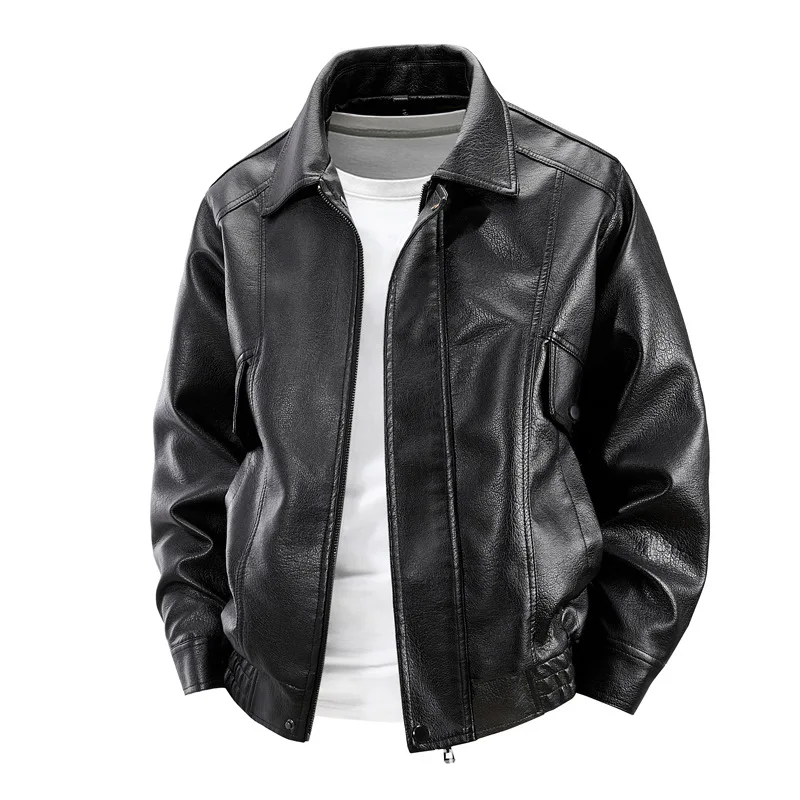 Vintage Men Solid Color Turn-down Collar Long Sleeve Zipper Simple Casual Trendy Faux Leather Jackets American Fashion Coats