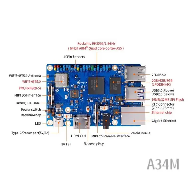 

A34M-Для одноплатного компьютера Orange Pi 3B — Ram RK3566 Чип 1,8 ГГц WIFI-BT 4K Плата разработки видео Прочный Простой в использовании (2 ГБ