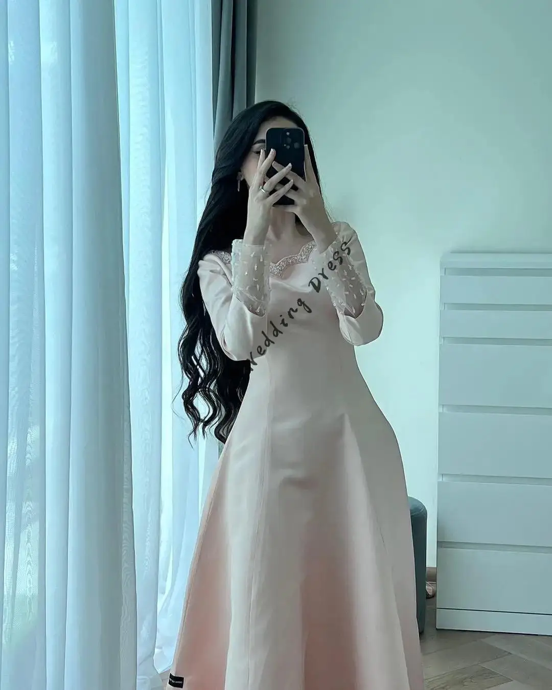 تخصيص أنيقة طويلة الأكمام فساتين حفلة موسيقية مغرفة الرقبة الطابق طول حزب فساتين المحدبة فساتين السهرة