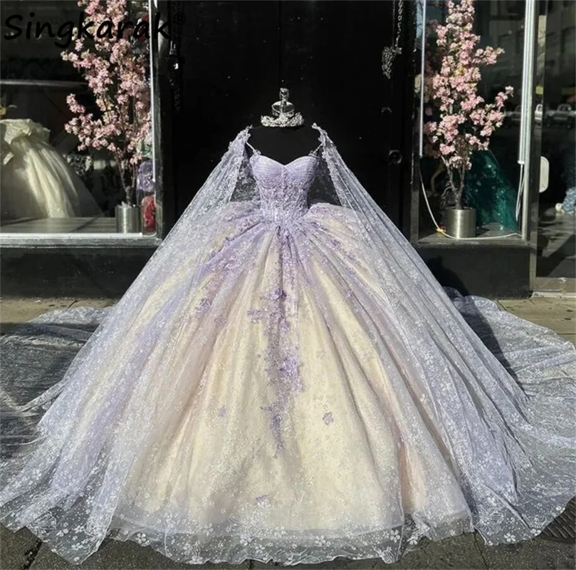 

Luxury Lilac 2024 Princess Quinceanera Dresses With Cape Beaded Flowers Appliques Crystals Sweet 16 Dress Vestidos Ball Gown