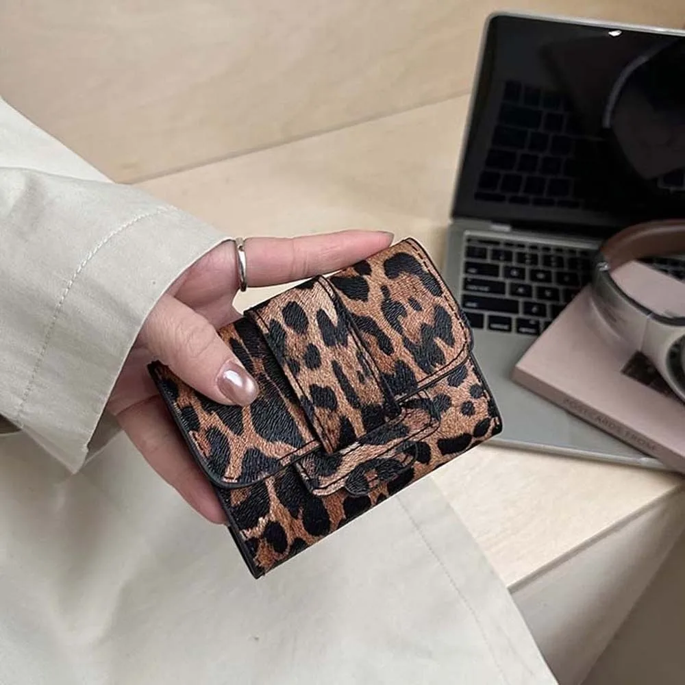 Универсальный портативный кошелек с леопардовым принтом, мини-короткий квадратный кошелек с несколькими картами, текстурированная сумка для карт из искусственной кожи в стиле ретро, работающая