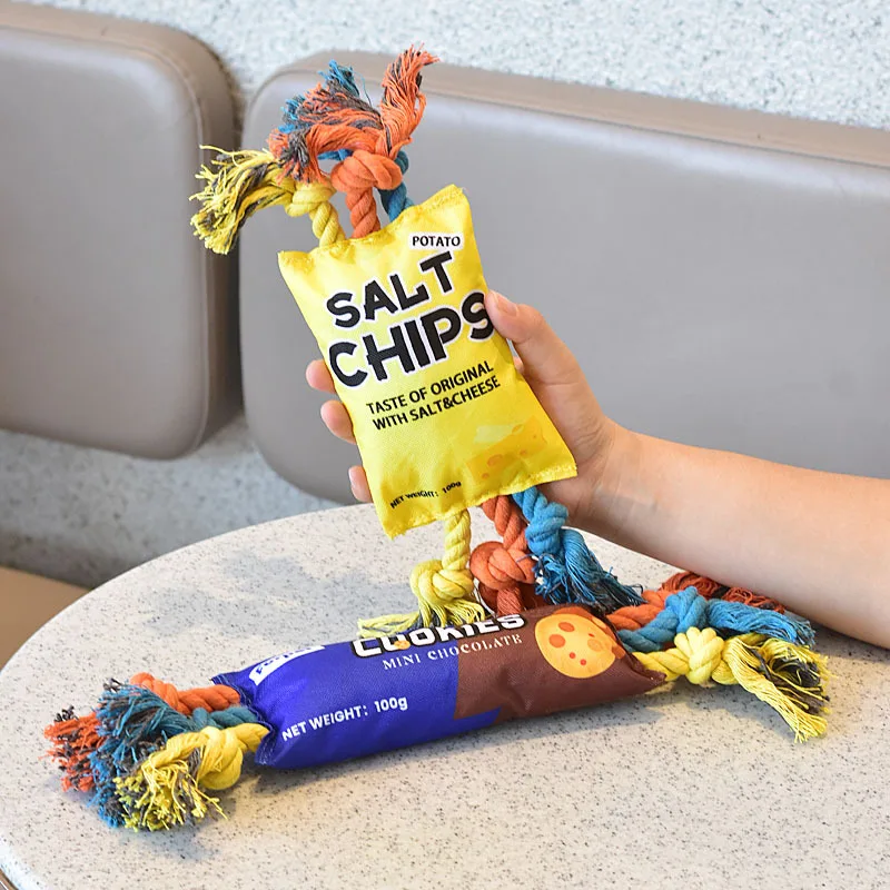 

Chips Bag Funny Dog Toys Rope Squeaker Food Bag Toy Interactive Squeaky Chew Toy Durable Braided Bite Resistant Pet Supplies