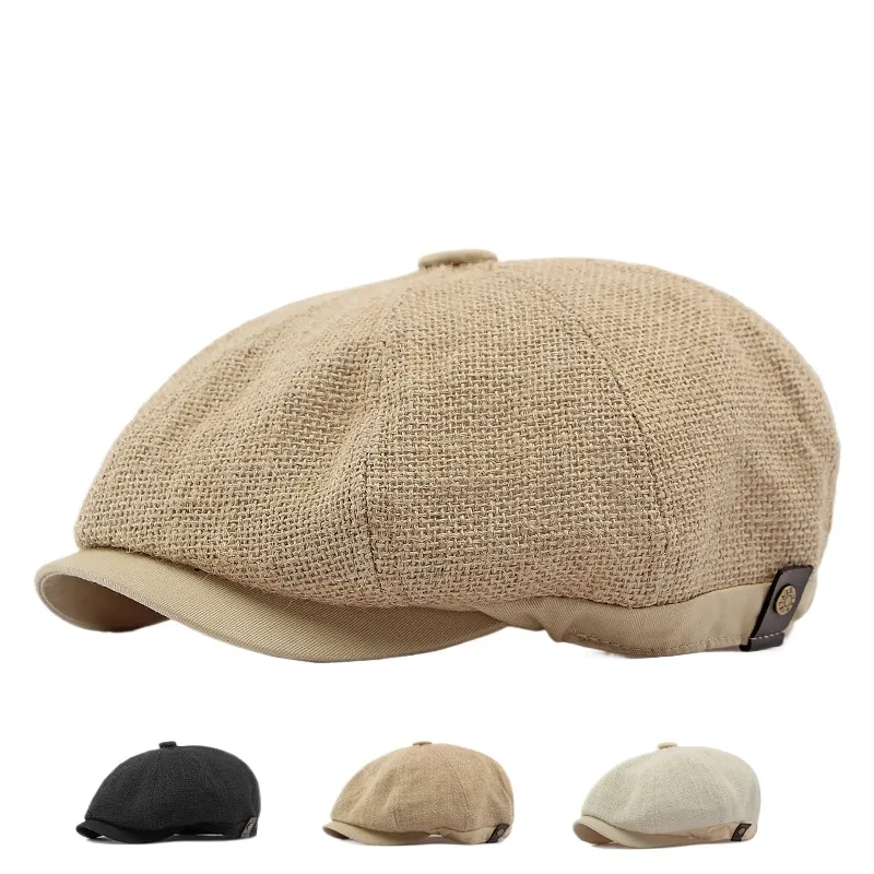 

Octagonal Cap Men's New Hollow Mesh Jute Breathable Beret British Retro Peaked Cap Newsboy Cap Women