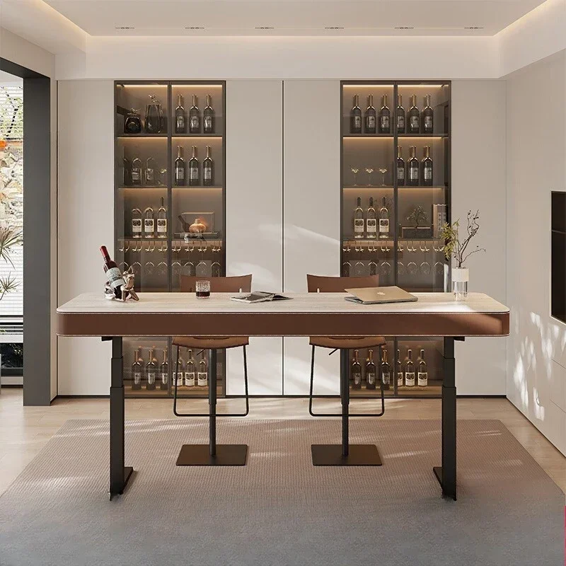 French retro travertine rock slab electric lifting bar table household computer desk office writing double motor lifting table