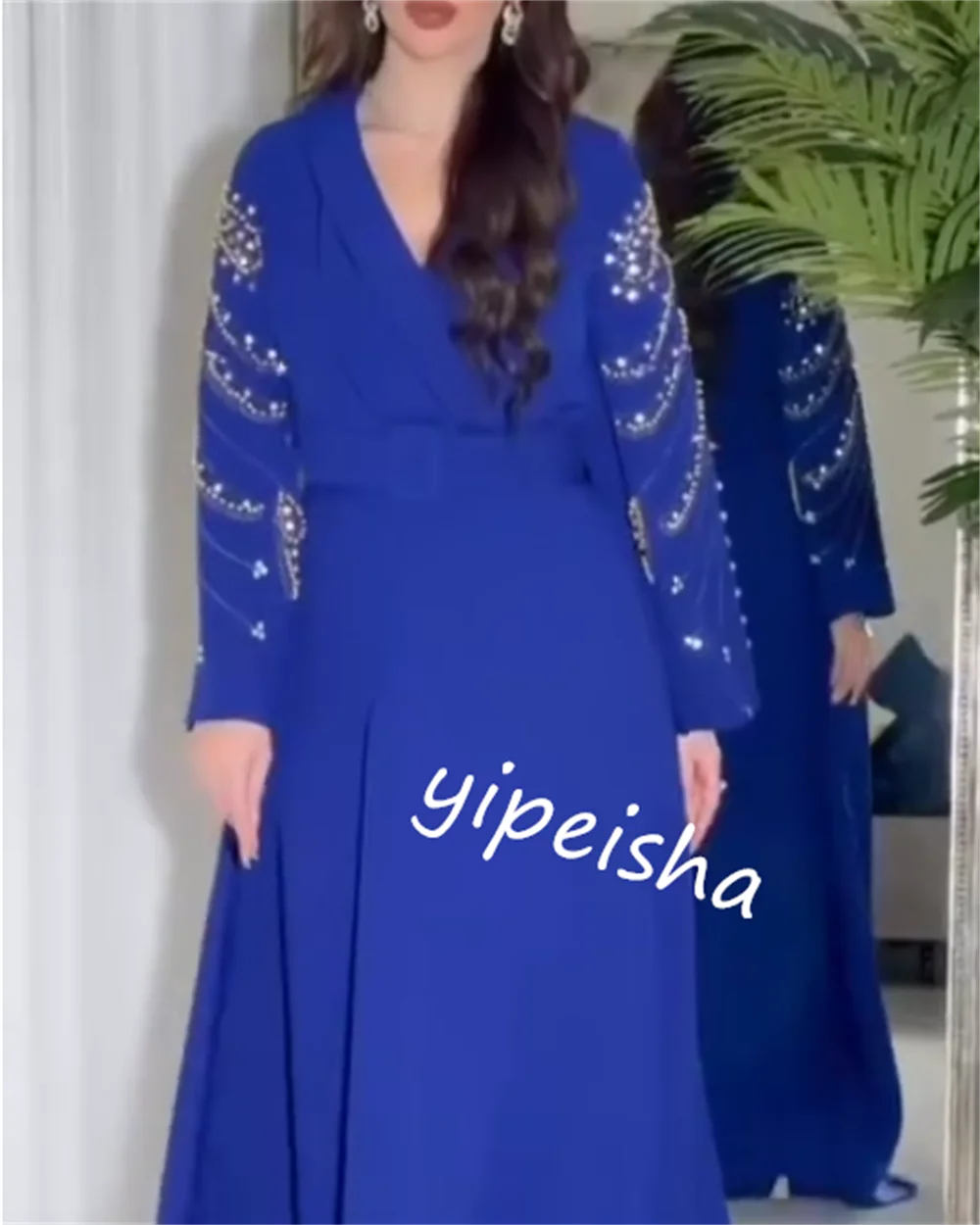 Vestido com decote em V, Vestido de noite, Arábia Saudita, Jersey Sash, Linha A, Vestido de ocasião personalizado, Vestidos longos para festa de casamento