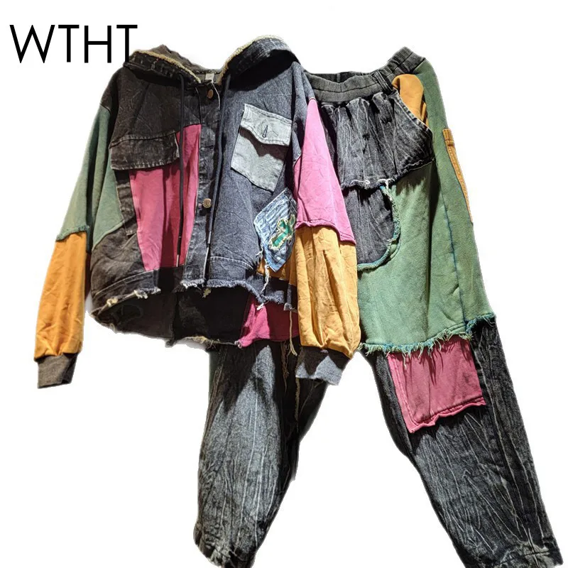 

WTHT модная женская джинсовая куртка с капюшоном в стиле пэчворк, свободные прямые джинсы с эластичной резинкой на талии, женские осень 2021, 1LS2464