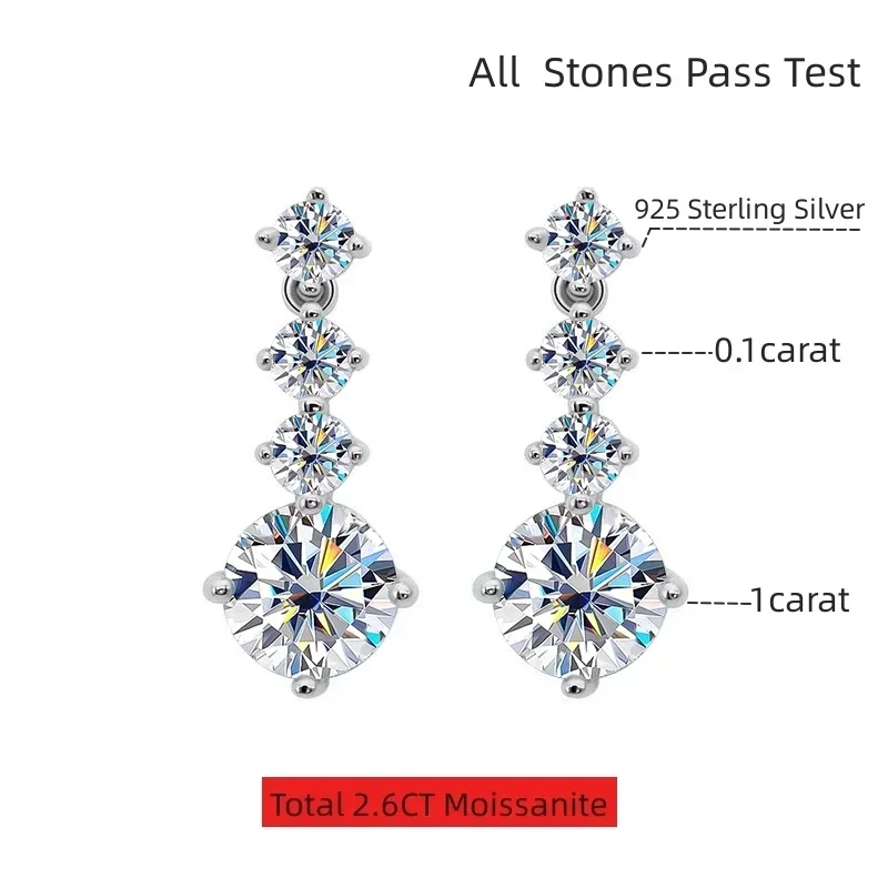 NKHOG S925 Silver Moissanite Drop Earrings For Women 2.6 Carat Real Moissanite Lab Diamond Engagement Wedding Fine Jewelry Gift