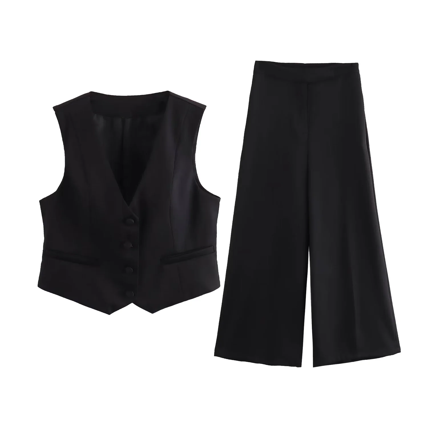 PB & ZA donna 2025 primavera nuova canotta con scollo a v monopetto gilet a vita alta stile pendolarismo pantaloni gamba larga Set