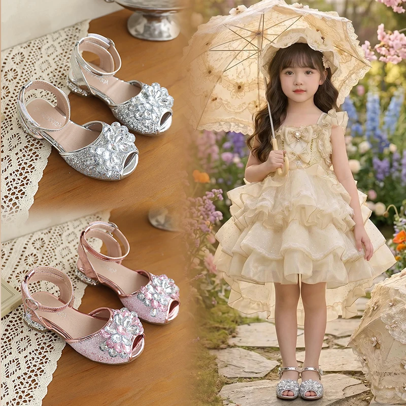 

Mumoresip Children Party Sandals Summer Girl Princess Shoes with Rhinestone Non-slip Low Heel Kids Dress Sandals Wedding Perform