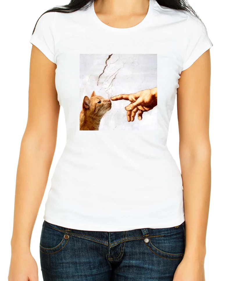 Michelangelo Creation of Adam Hands Cat 3 4 Short sleeve Woman T Shirt F030