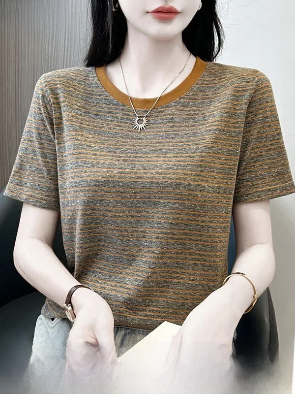 Camiseta Casual Feminina TUCANO com Listras, Manga Curta, Corte Solto, Gola Redonda, Confortável, Respirável, Absorvente de S...