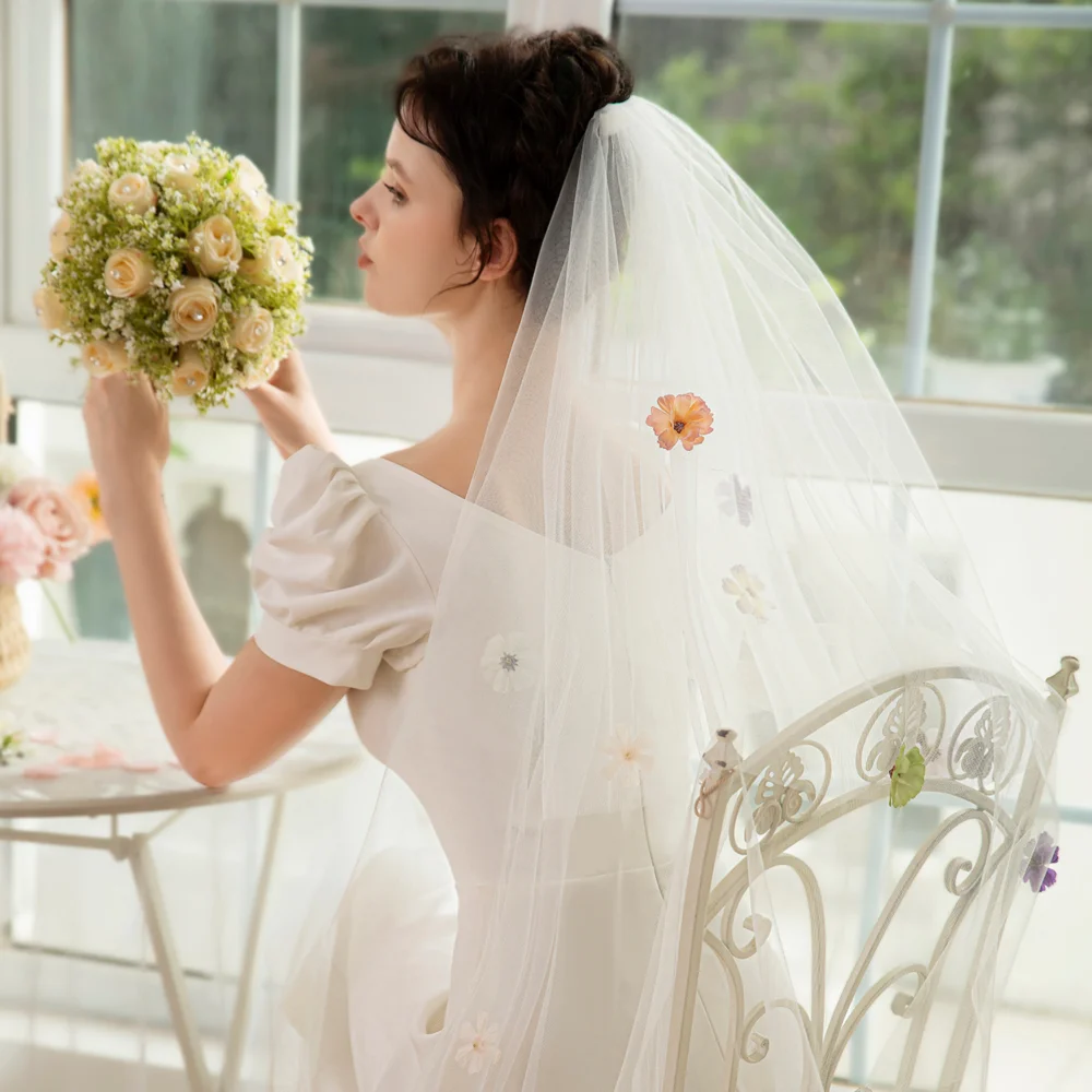 

Simple Long Bridal Veils Cathedral Length Metal Comb with Flowers Two Layers Tulle Velos De Novia 2024
