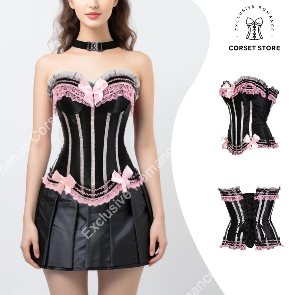 Pink Corset Lace Corset Top for Women Bownot Lace-Up Overbust Corset Plus Size Victorian Gothic Corset Mujer Bustiers & Corsets