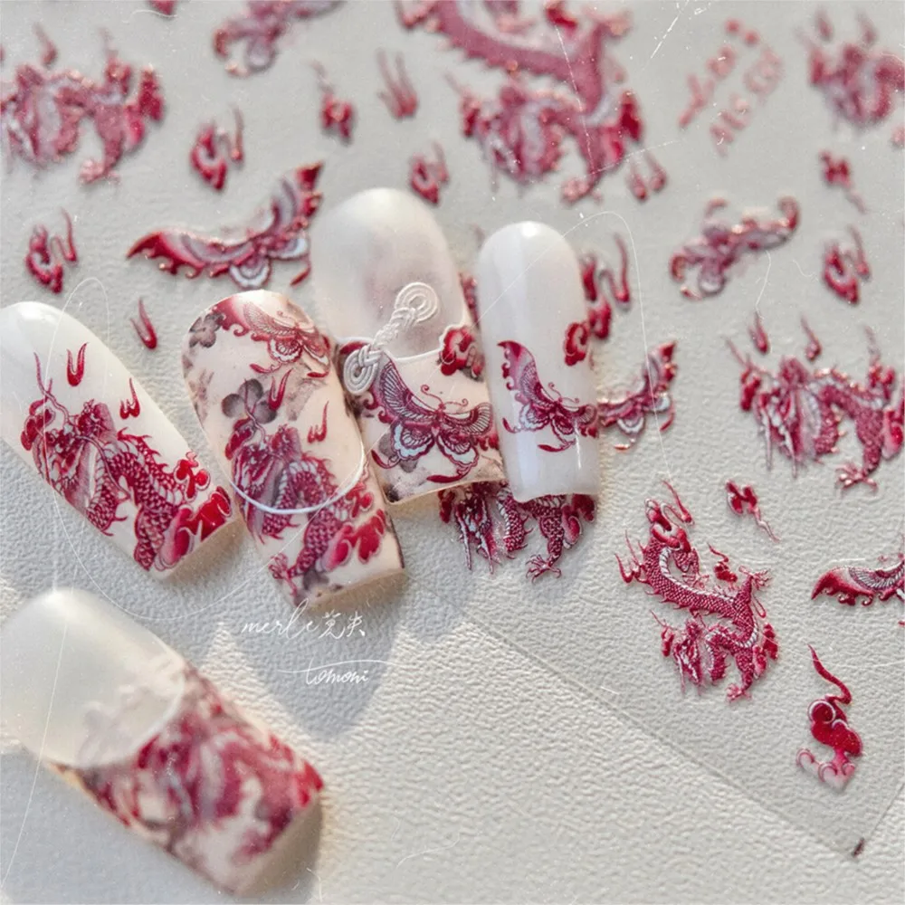 5D Rosso Blu Drago Adesivo per unghie Rilievi in rilievo Nuvole di buon auspicio Cursori per unghie Autoadesivi Decalcomanie per manicure in porcellana cinese