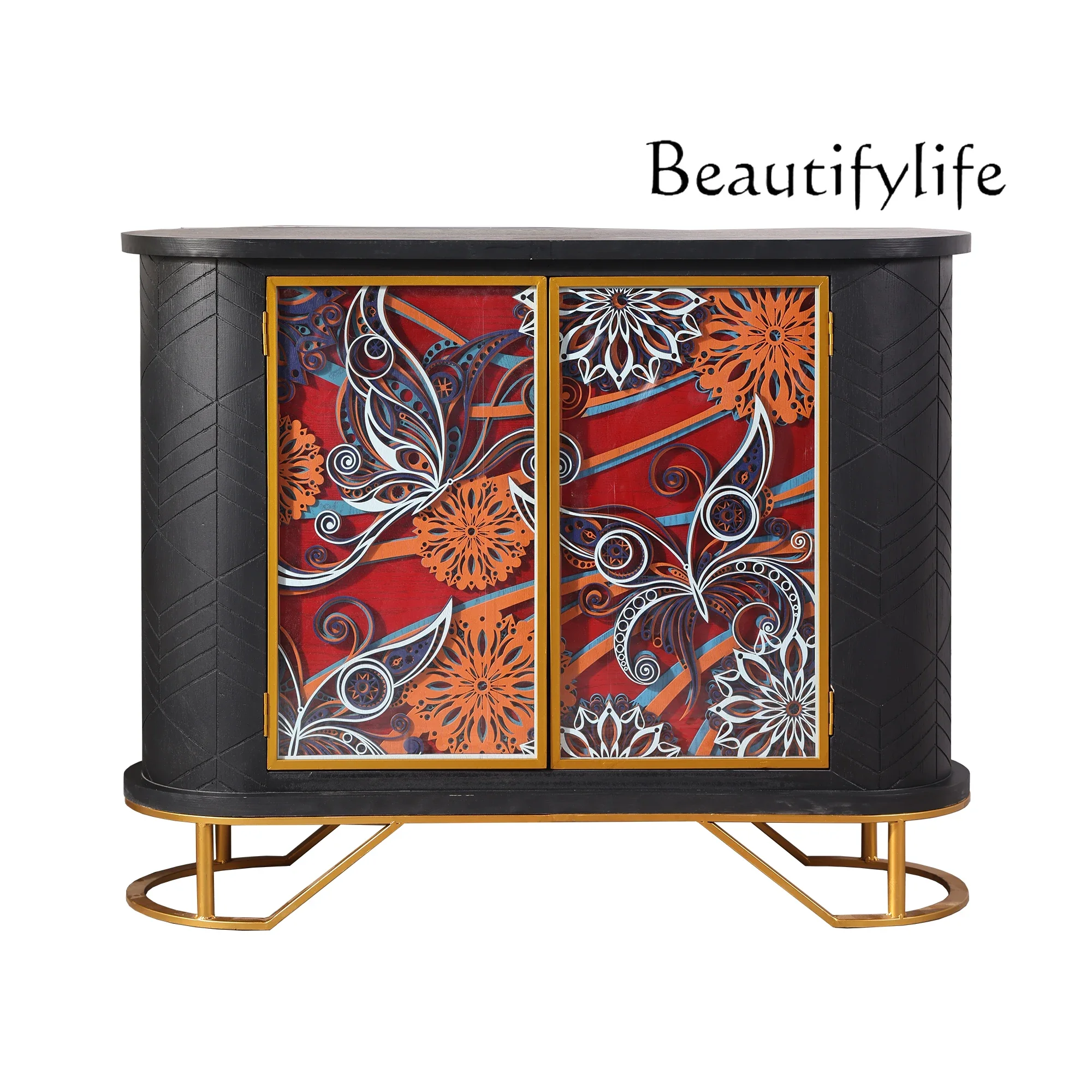 

Small apartment stacked engraved entrance cabinet, corridor painted art decorative locker curved double door