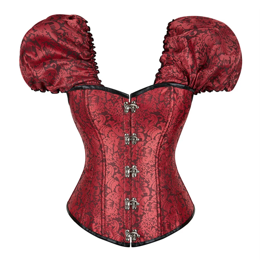 

Women Gothic Red Short Sleeved Retro Print Overbust Corset Top Body Shaper Lingerie Bustiers Lace-up Corselet