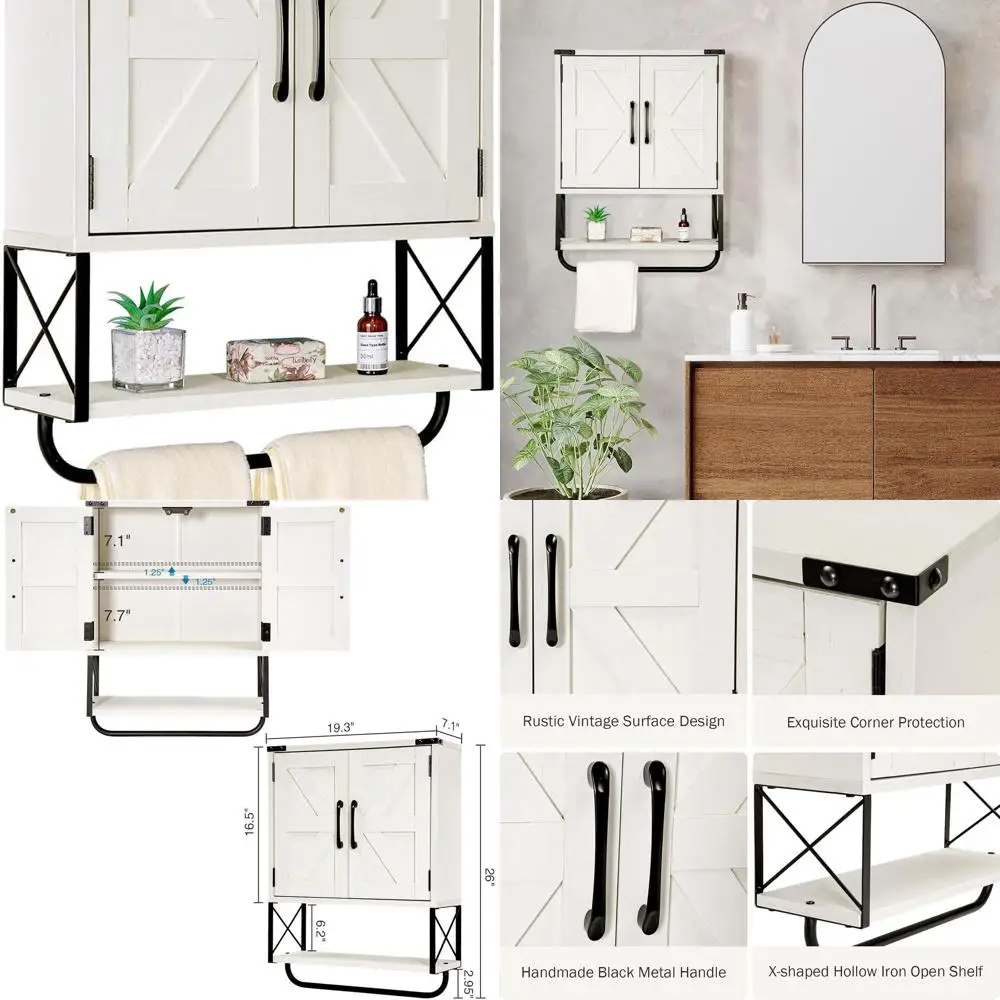 

Vintage White Wall-Mounted 2-Door Farmhouse Medicine Cabinet with Adjustable Shelf and Towel Bar for Bathroom and Living Room