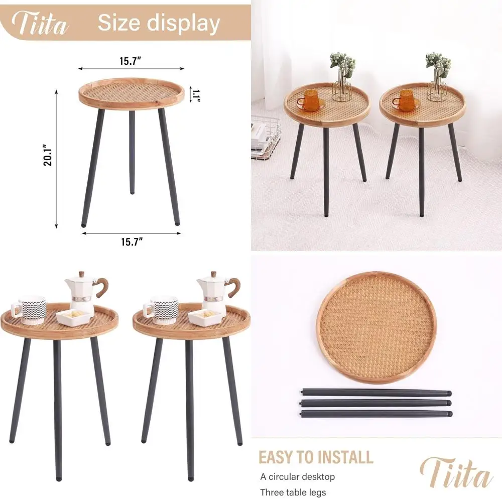 

Round Rattan End Table with Wooden Tray: Ideal Side or Nightstand for Living Room, Bedroom, or Office in Small Spaces