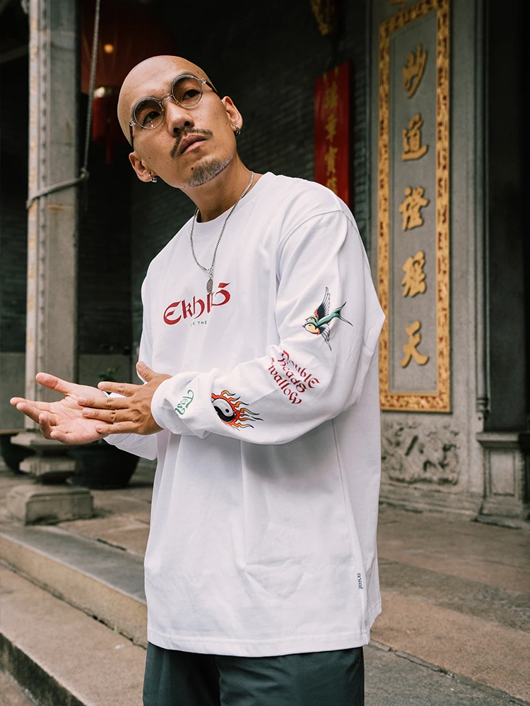 Chinese Traditional ChaoShan Long Sleeve T-Shirt Double Head Swallow Chinatown Series Heavyweight Cotton Digital Print Fitnes...
