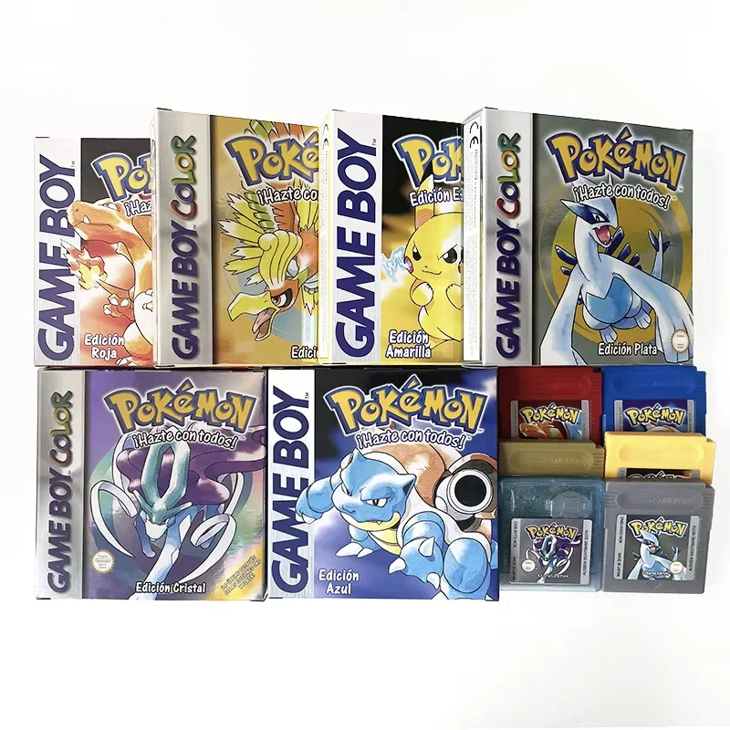 Versión Multilingüe de la Serie Pokémon: Cristal, Oro, Azul, Verde, Rojo, Plata, Amarillo, Cartucho de Juego en Caja con Función de Guardado de Batería para GBC