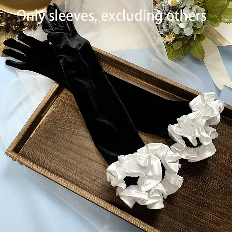 Wedding Dress Photo Bridal Sleeves Wedding Puff Sleeves Black Satin Cuffs Detachable Bridal Bicep Medium Length Elegant Gloves