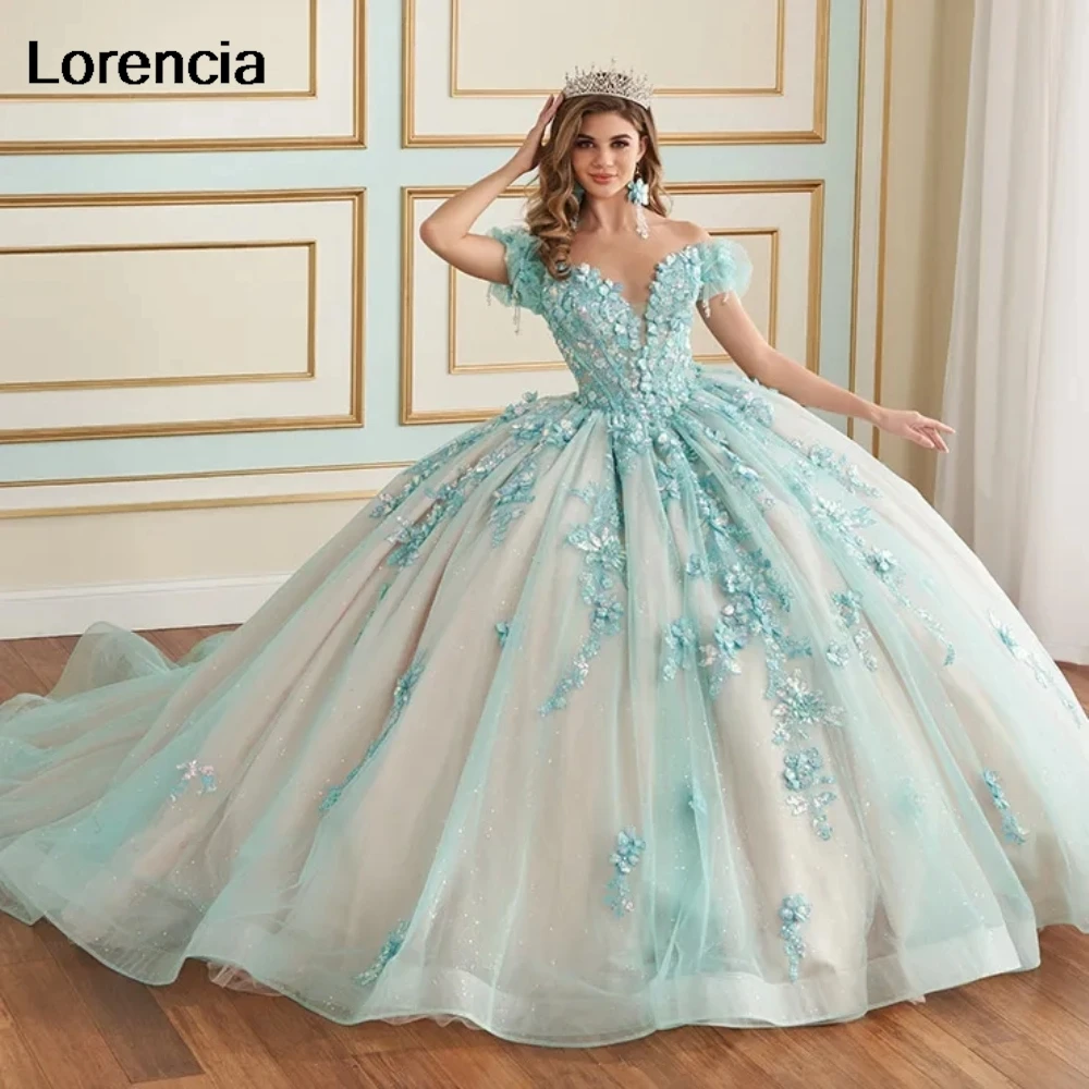 Lorencia Sparkly Mint Green Quinceanera Dress Ball Gown Shiny Lace Applique Beading corsetto Sweet 16 Vestidos De 15 asenos YQD983