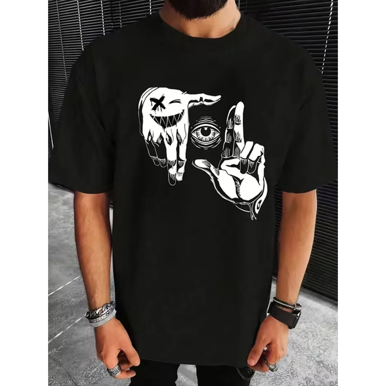 Mens Gesture Pattern Print Design Round Neck T Shirt Summer Casual Comfortable Short Sleeve Top