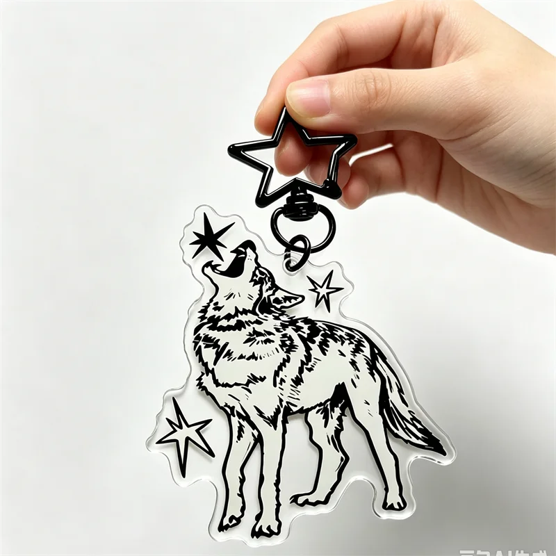 Howling at the Star Keychain Wolf Clear Acrylic Black Star Keyring Bag Charm Double Sided Anime Pendant Gift For Fans