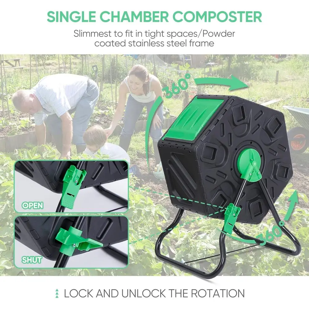 18.5 Gallon Compost Tumbler Bin All-Season Outdoor Single Rotating Chamber Composters w/ 2 Sliding Doors Solid Steel